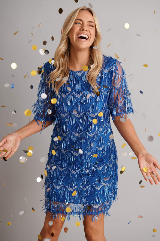 See Me Dress In Cobalt Blue Sequin
