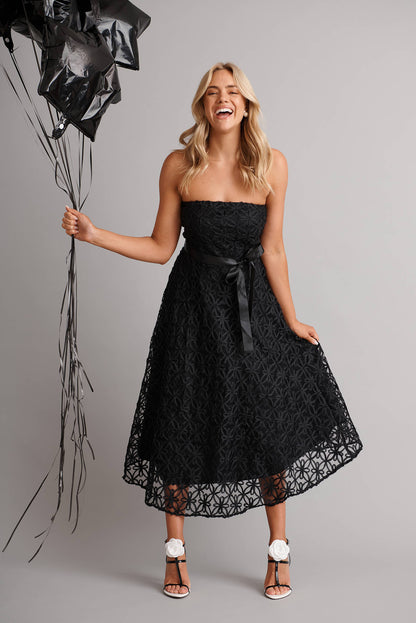 Sia Midi Dress in Black Floral Embroidered Tulle