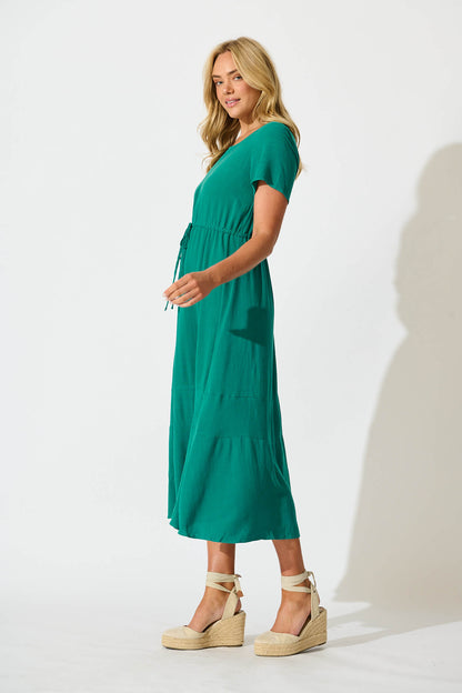 Mary Midi Dress In Teal Linen Blend