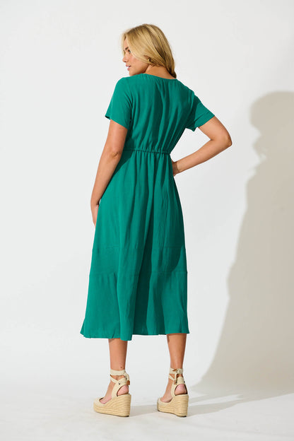 Mary Midi Dress In Teal Linen Blend