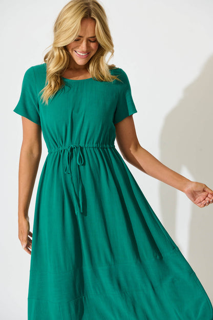 Mary Midi Dress In Teal Linen Blend