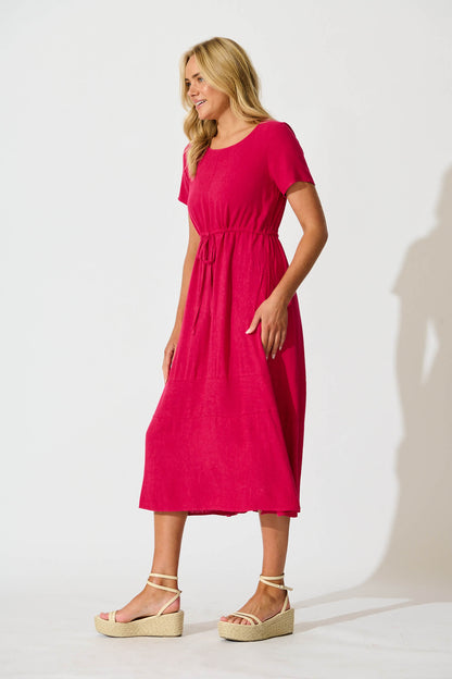 Mary Midi Dress In Fuchsia Linen Blend