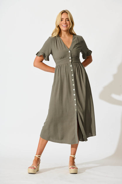 Daysia Midi Dress in Khaki Linen Blend