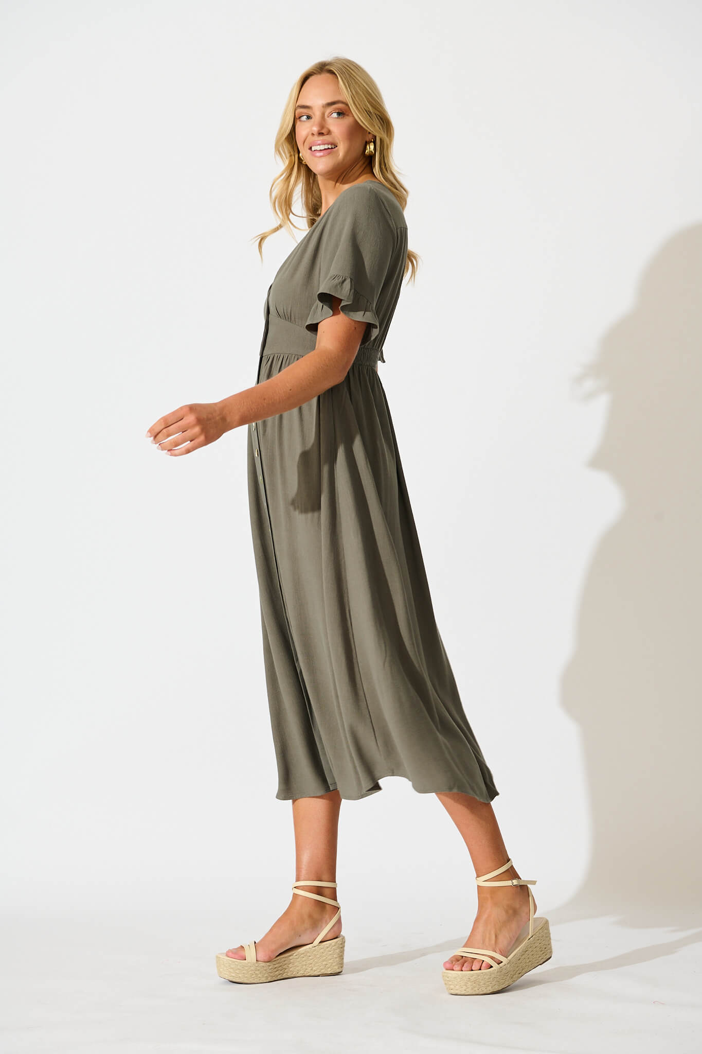 Daysia Midi Dress in Khaki Linen Blend