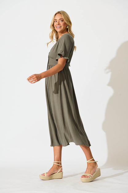 Daysia Midi Dress in Khaki Linen Blend