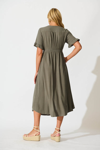 Daysia Midi Dress in Khaki Linen Blend