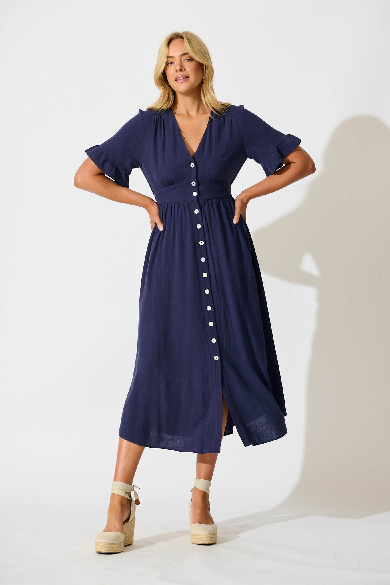 Daysia Midi Dress in Navy Linen Blend