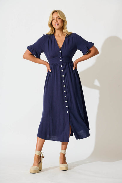 Daysia Midi Dress in Navy Linen Blend