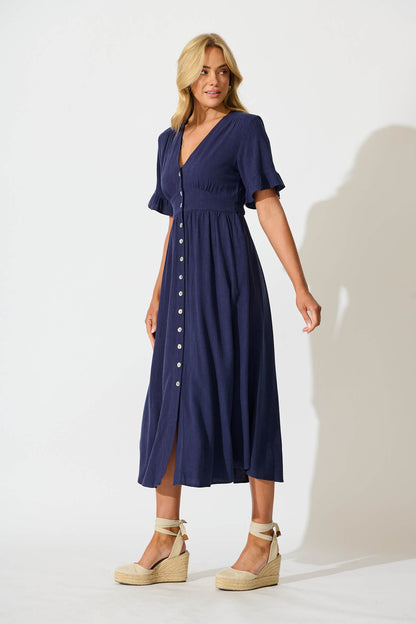 Daysia Midi Dress in Navy Linen Blend