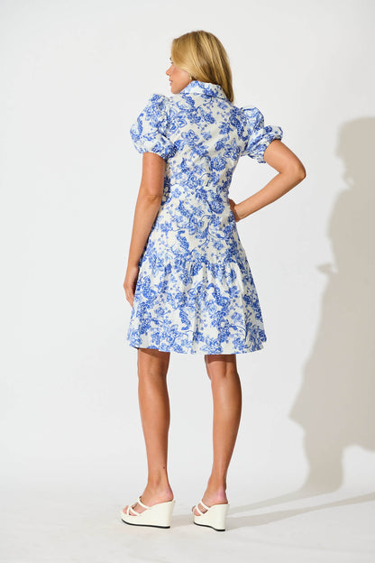 Sabi Dress in White with Blue Floral Cotton