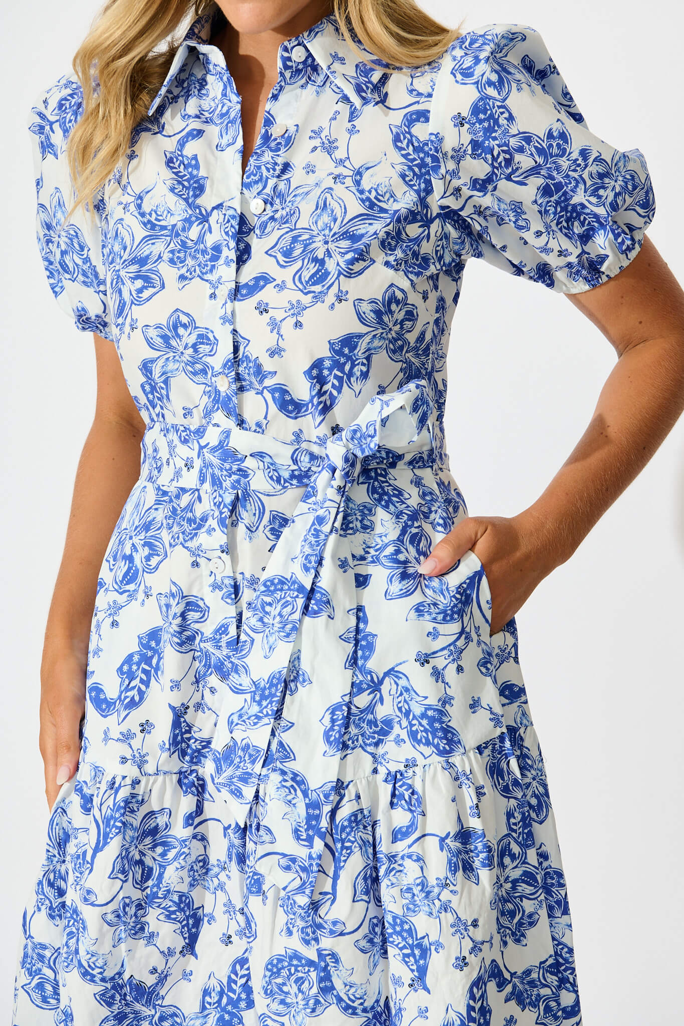 Sabi Dress in White with Blue Floral Cotton