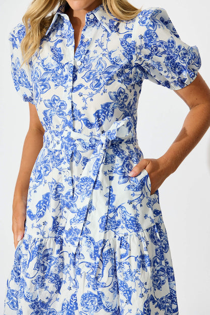 Sabi Dress in White with Blue Floral Cotton