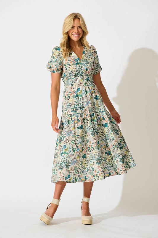 Eyes On You Midi Dress in Multi Floral Cotton