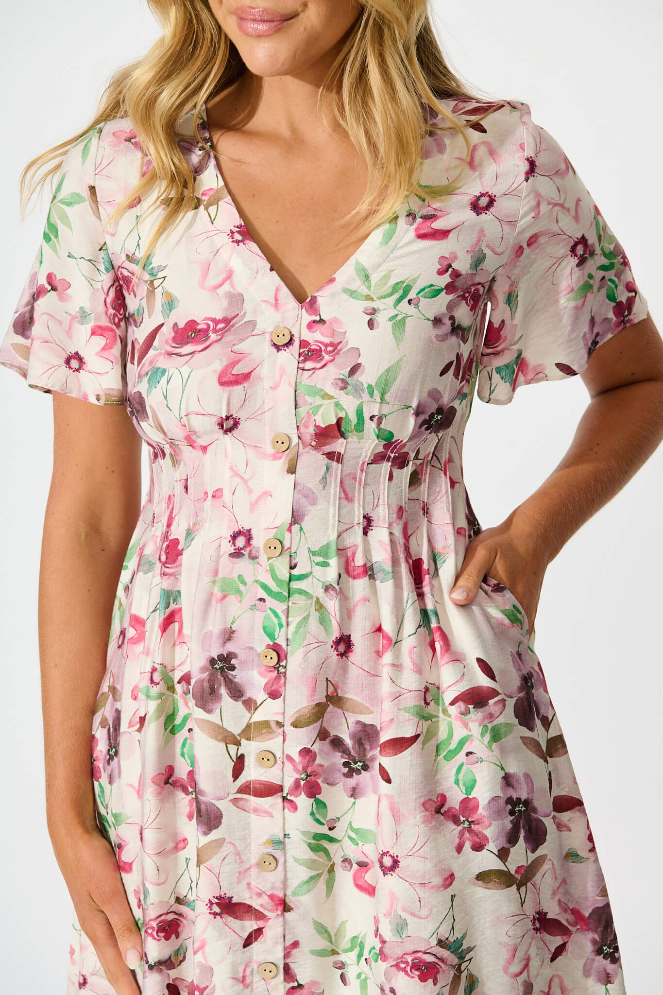 Chantelle Dress in White With Pink Multi Watercolour Floral