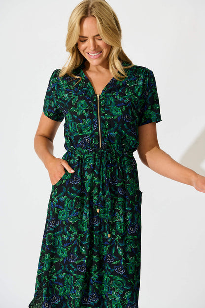 Go Getter Zip Dress in Emerald with Green and Blue Floral