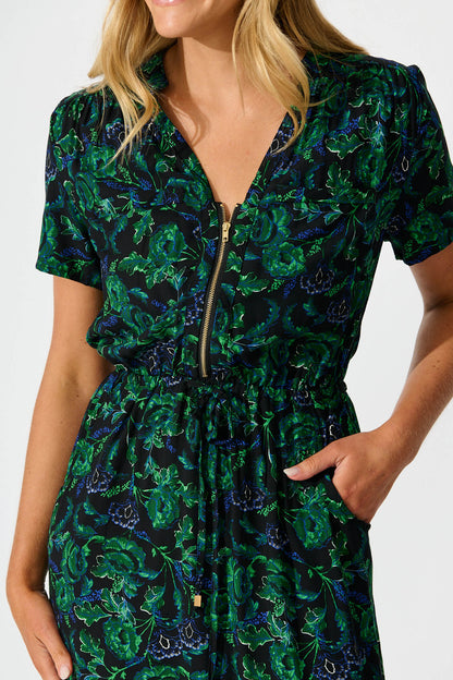 Go Getter Zip Dress in Emerald with Green and Blue Floral