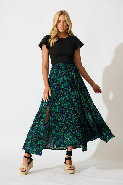 Bilboa Maxi Skirt in Emerald with Green and Blue Floral