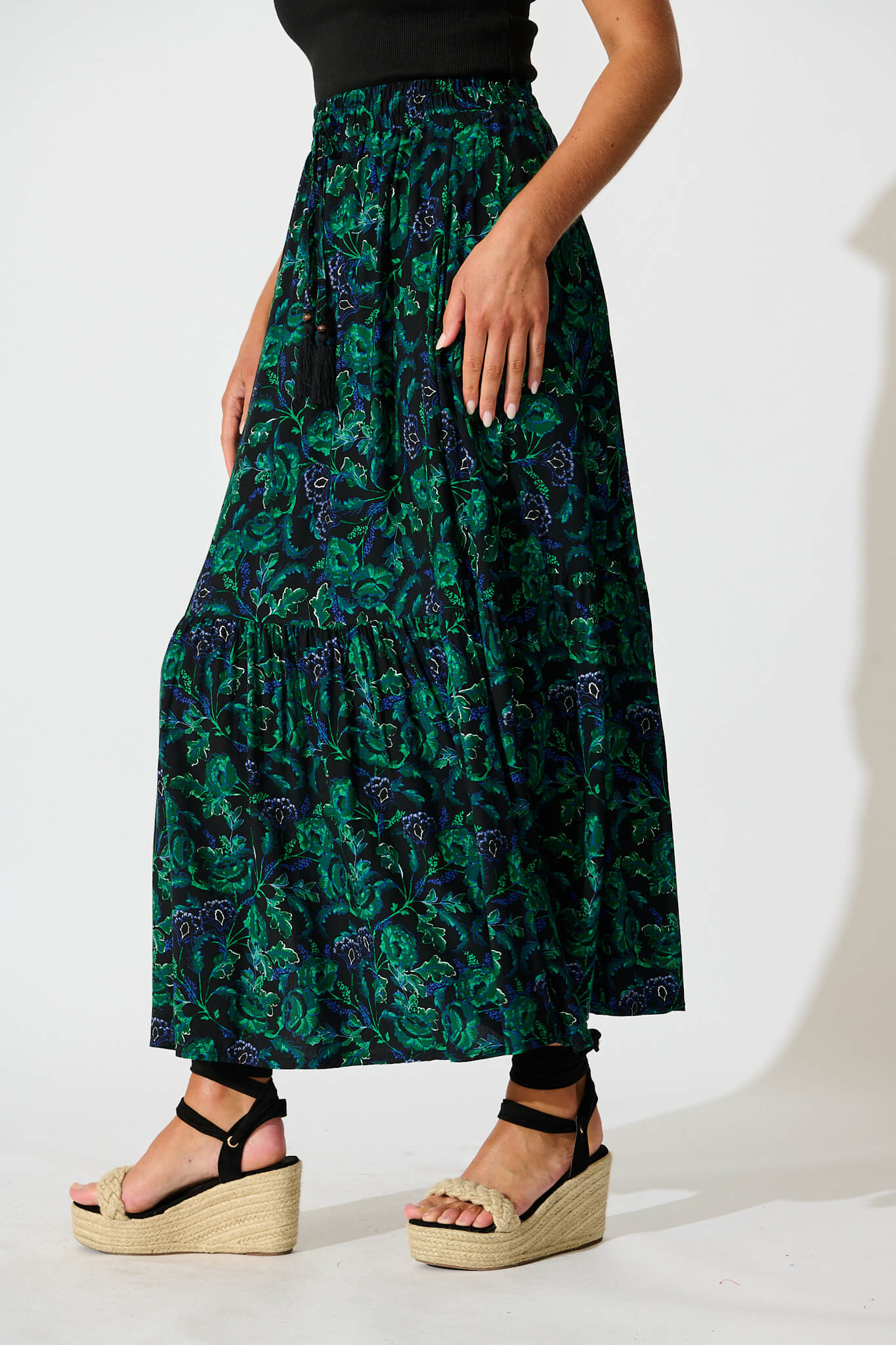 Bilboa Maxi Skirt in Emerald with Green and Blue Floral
