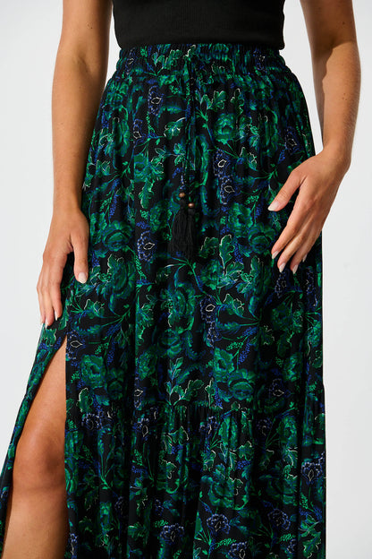 Bilboa Maxi Skirt in Emerald with Green and Blue Floral