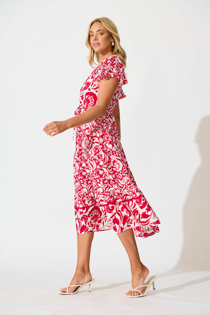Saturday Midi Dress in Raspberry with White Print