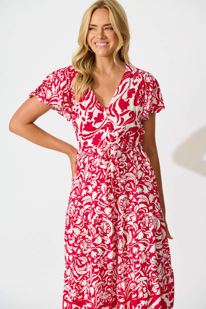 Saturday Midi Dress in Raspberry with White Print