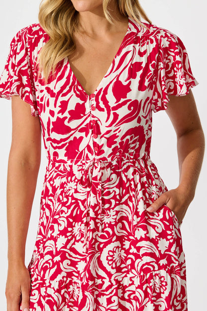 Saturday Midi Dress in Raspberry with White Print