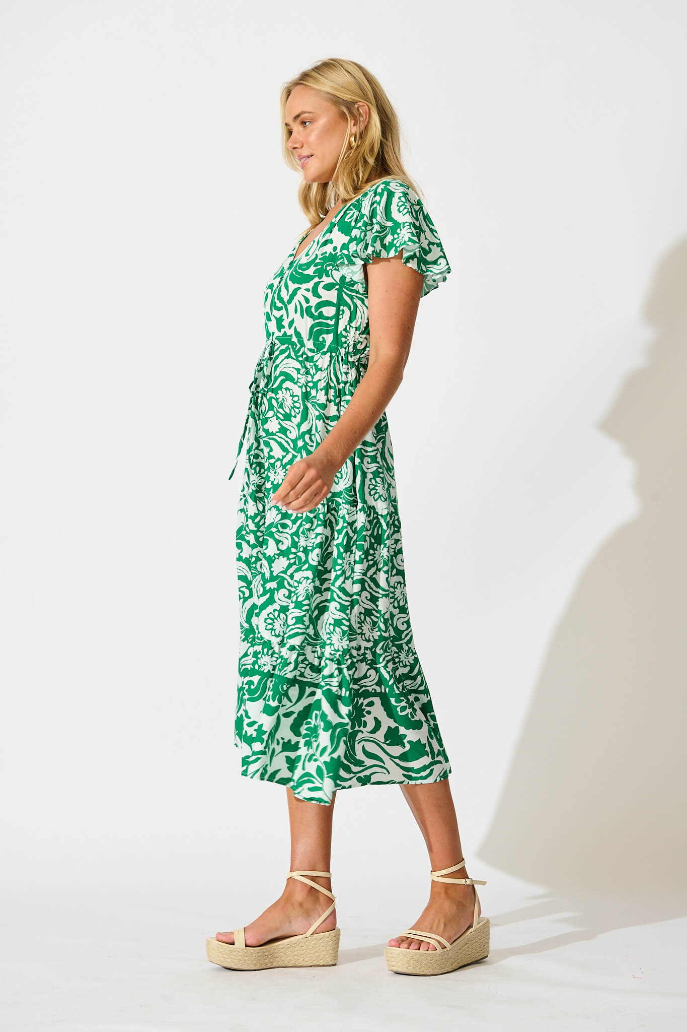 Saturday Midi Dress in Green with White Print