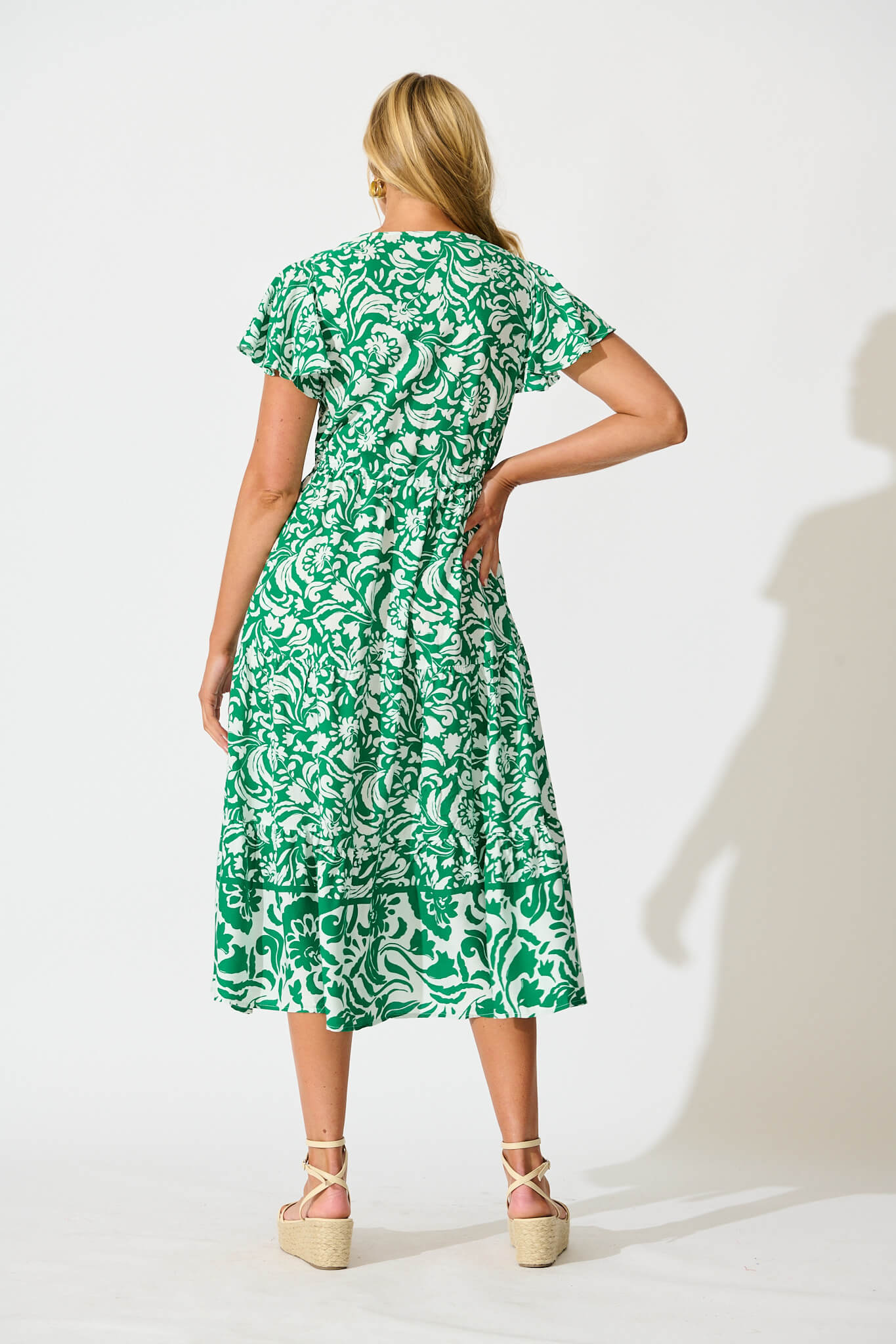 Saturday Midi Dress in Green with White Print