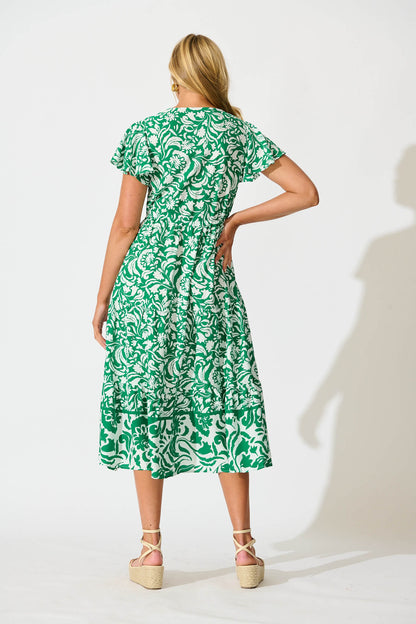 Saturday Midi Dress in Green with White Print