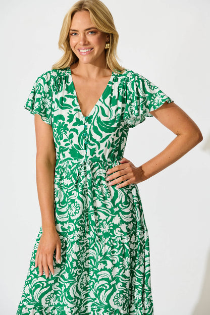 Saturday Midi Dress in Green with White Print