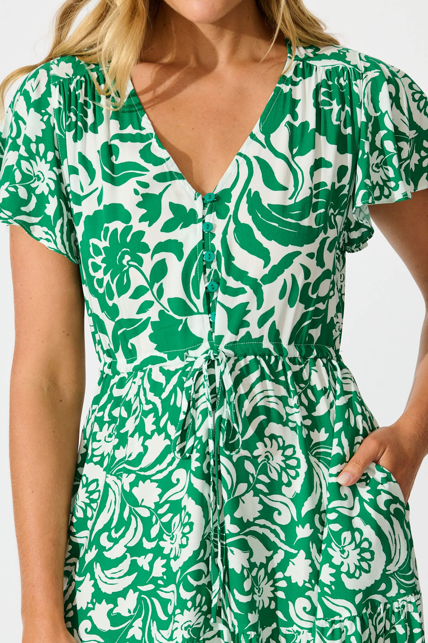 Saturday Midi Dress in Green with White Print