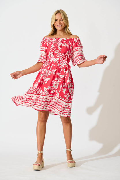 Janna Dress in Raspberry with White Border Print