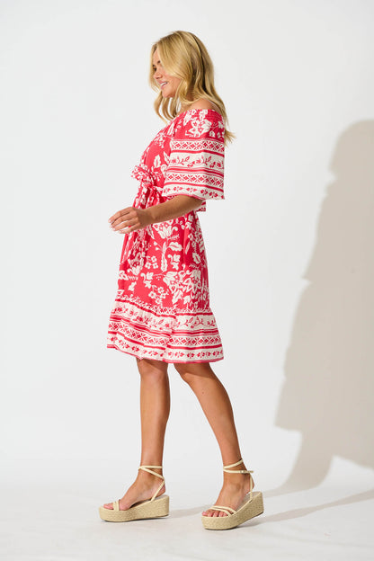 Janna Dress in Raspberry with White Border Print