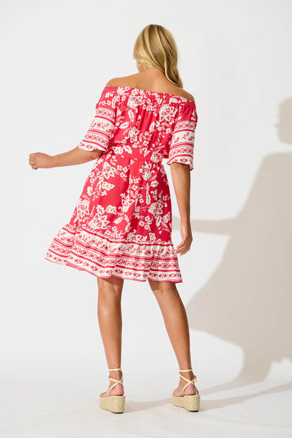 Janna Dress in Raspberry with White Border Print