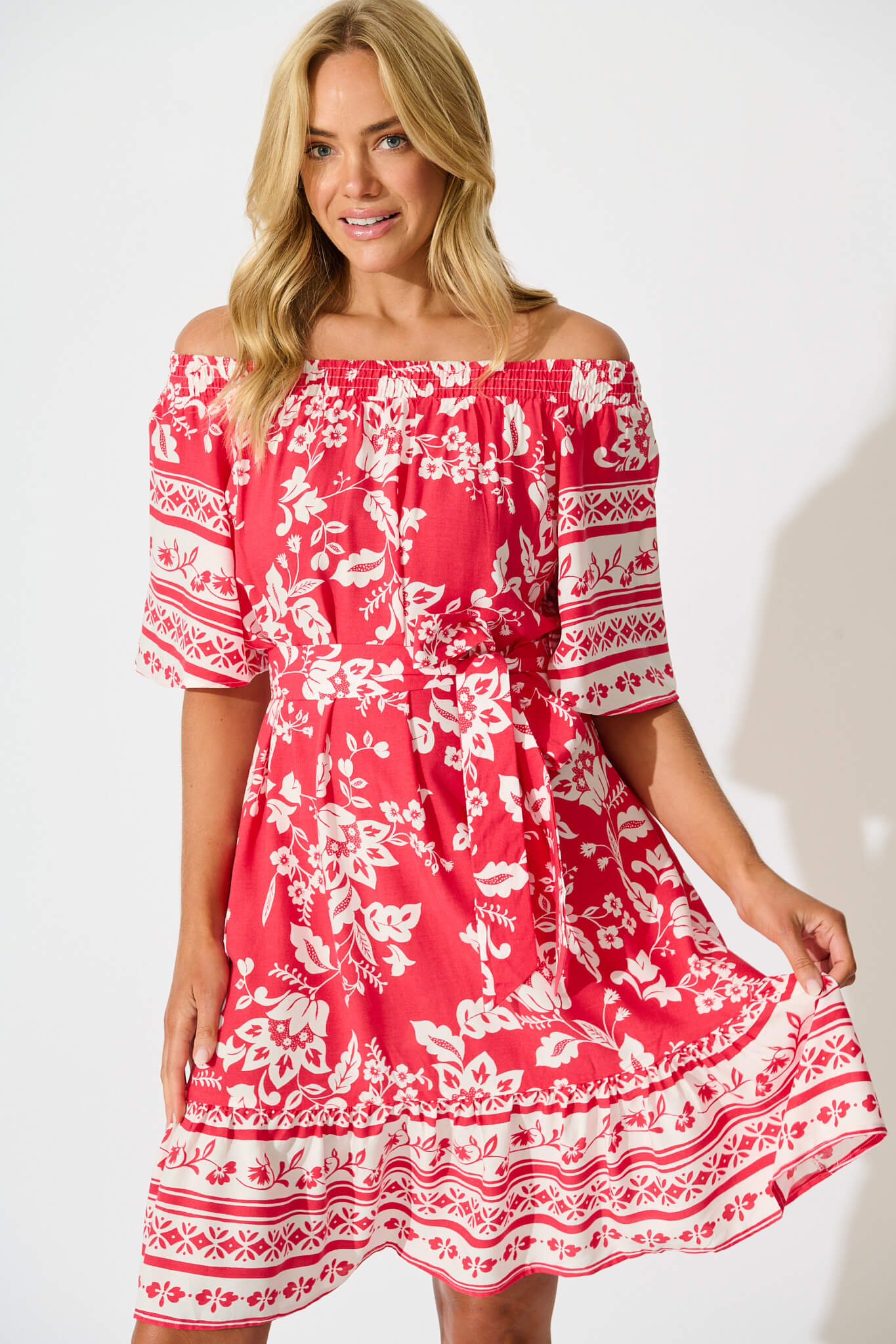 Janna Dress in Raspberry with White Border Print