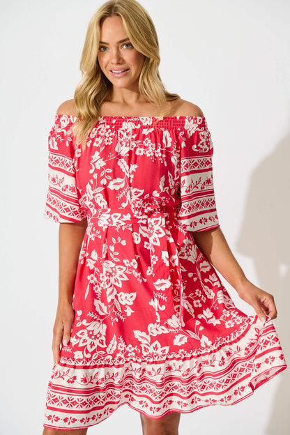Janna Dress in Raspberry with White Border Print