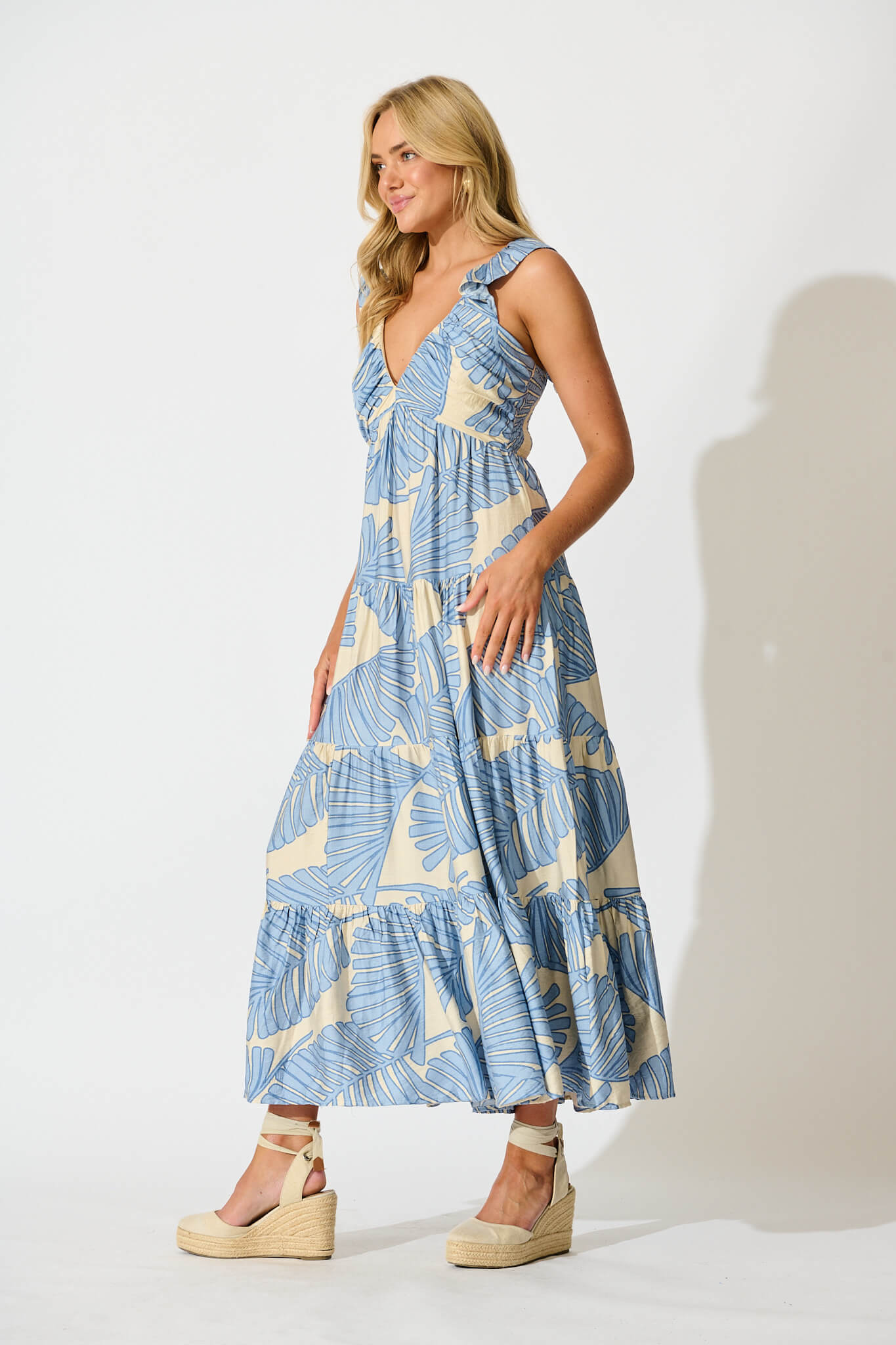 Monroe Maxi Sundress In Cream with Blue Leaf