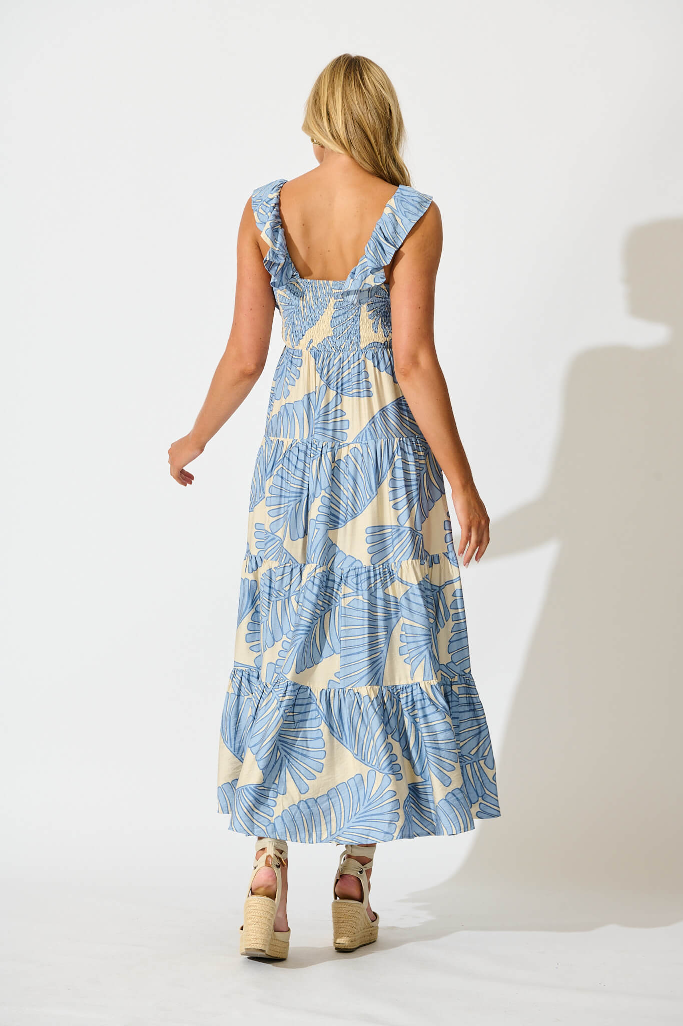 Monroe Maxi Sundress In Cream with Blue Leaf