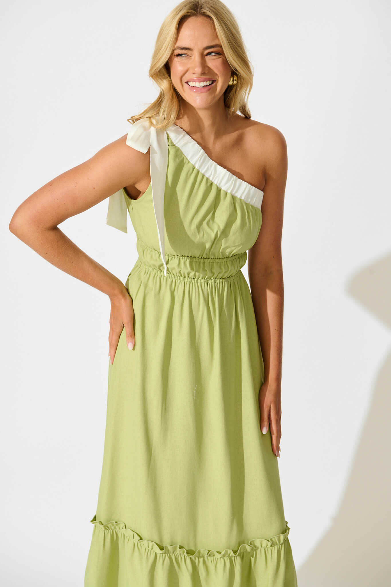 Elika One Shoulder Maxi Dress in Green with Contrast Trim