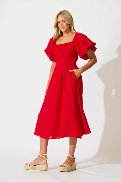 Wintour Midi Dress In Red Linen Blend