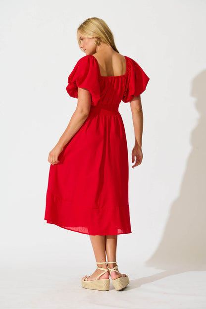 Wintour Midi Dress In Red Linen Blend