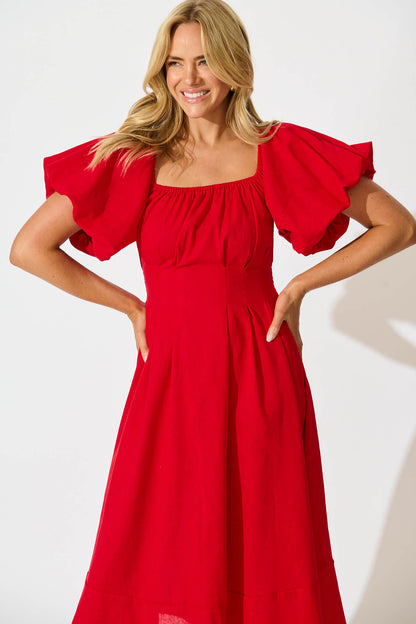 Wintour Midi Dress In Red Linen Blend