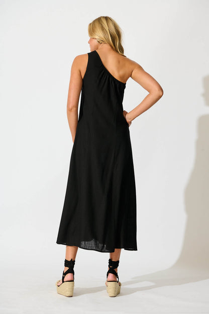 Gloria Off Shoulder Maxi Dress in Black Linen Blend