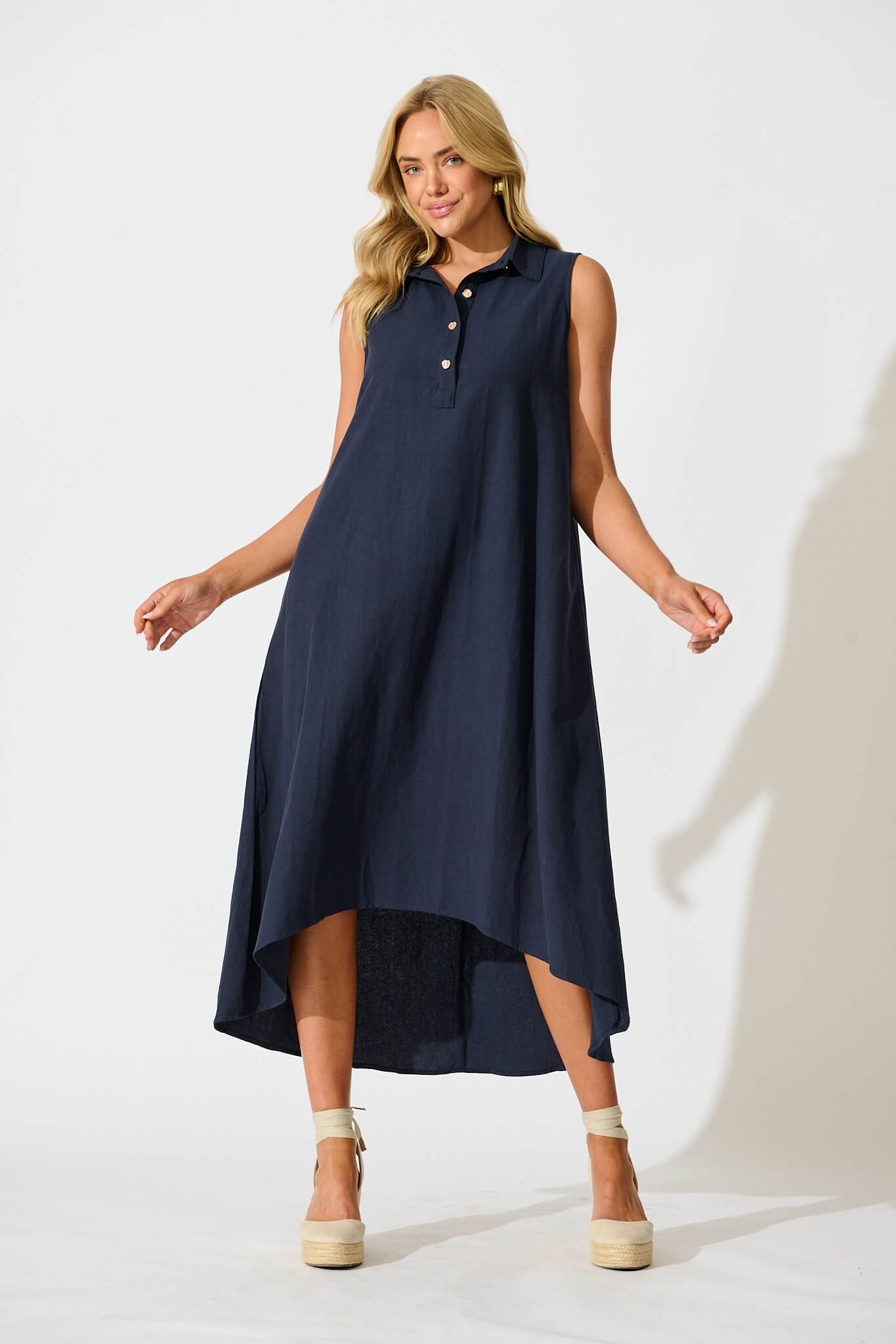 Rey Midi Dress in Navy Linen Blend
