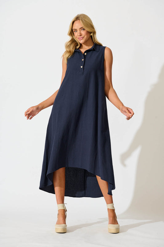 Rey Midi Dress in Navy Linen Blend