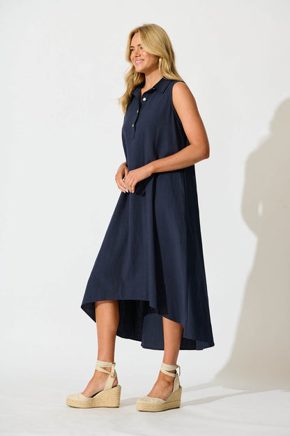 Rey Midi Dress in Navy Linen Blend