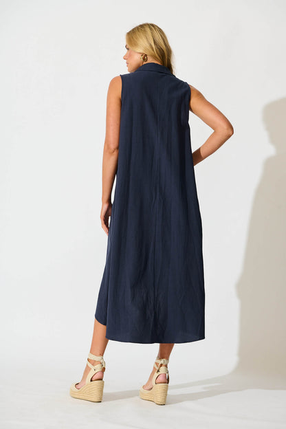 Rey Midi Dress in Navy Linen Blend
