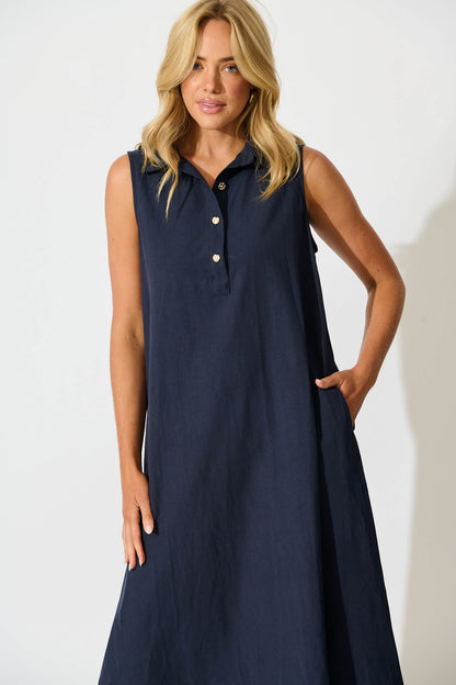 Rey Midi Dress in Navy Linen Blend