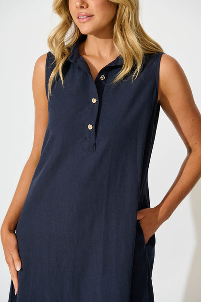 Rey Midi Dress in Navy Linen Blend