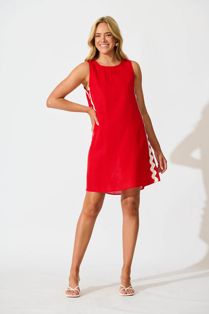 Dana Dress in Red With White Ric Rac Trim Linen Blend